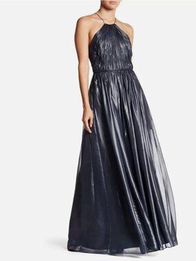 Vera Wang Metallic Chiffon Full Length Dress Navy